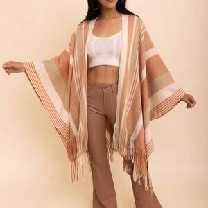 NEW LETO striped fringe edge ruana wrap in beige